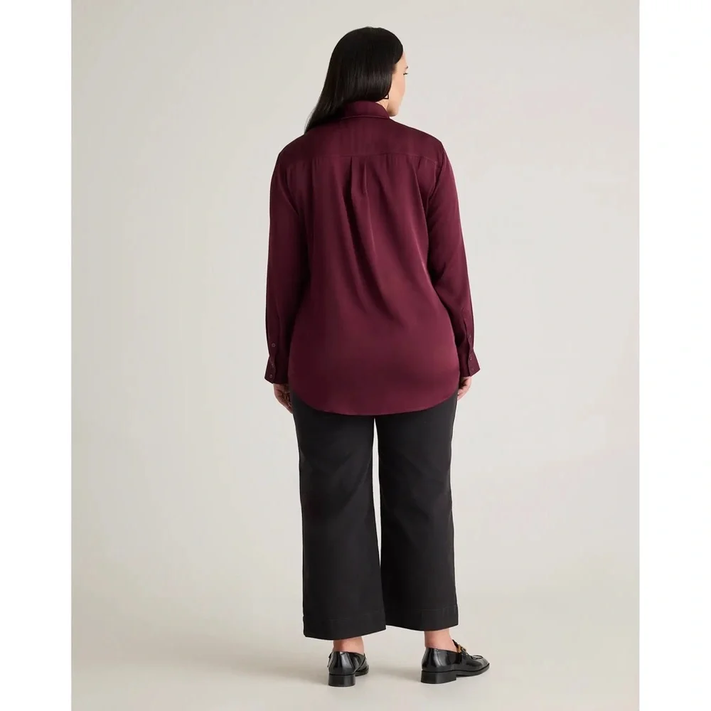 Quince Washable Stretch Silk Notch Collar Button Front Blouse Wine Tasting Red - Picture 4 of 13